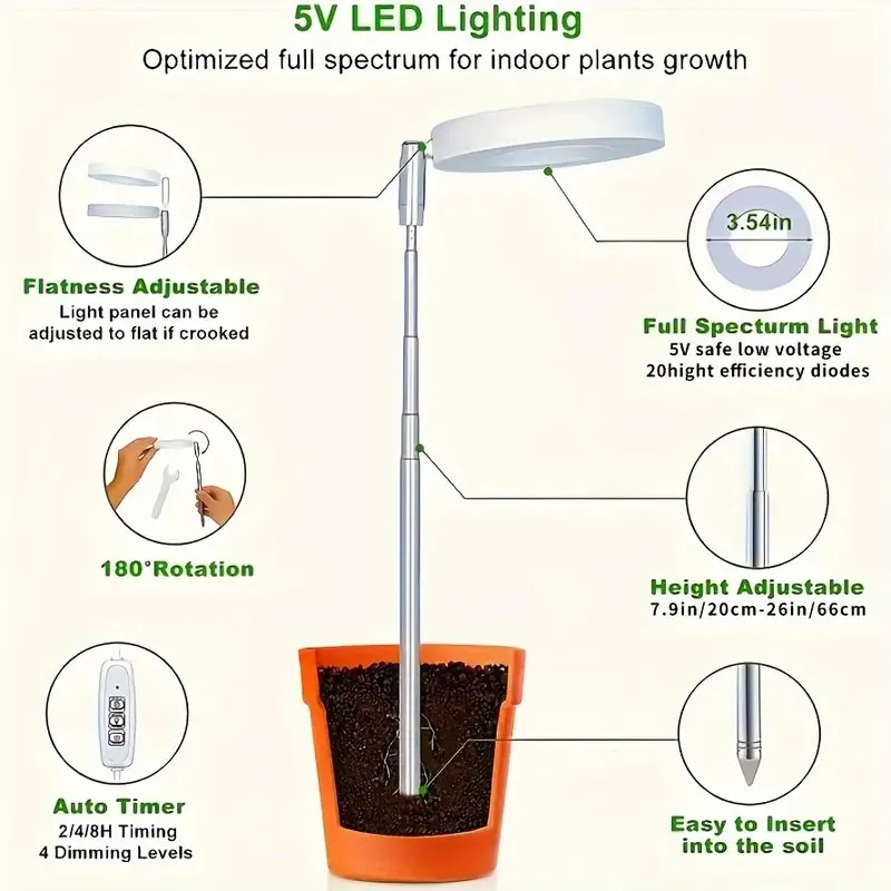 Imagem -06 - Retrátil Led Plant Grow Light Angel Ring Suculento Flor Hidroponia Lâmpada com Temporizador para Plantas de Interior