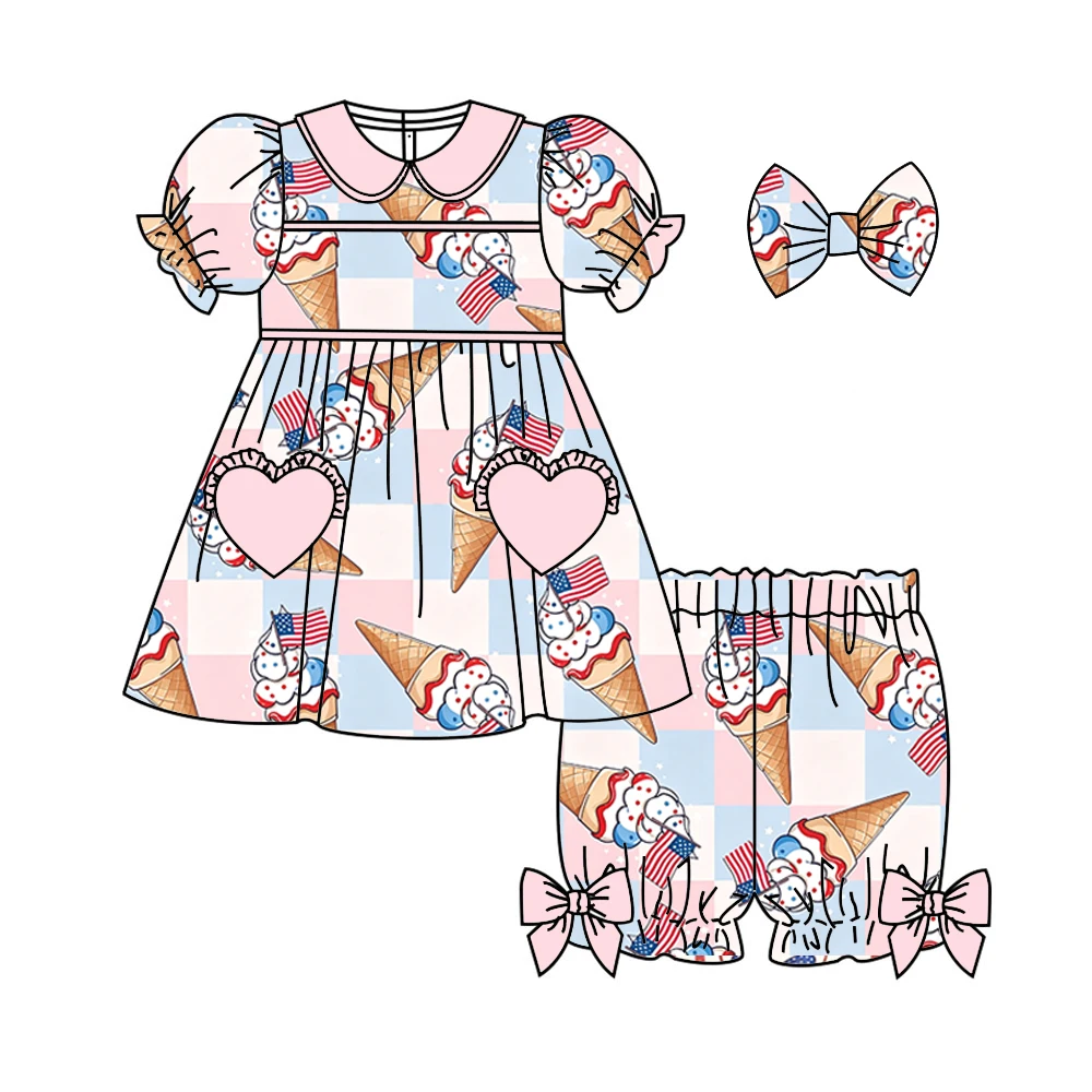 

Boutique children's Boys' and girls' pajamas set Collared short sleeves dress with shorts Independence Day Print Series wholesal