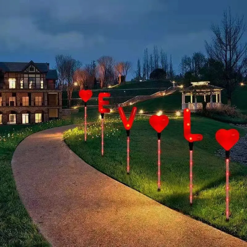 6pcs Valentine's Day Solar-Powered Red Heart Lights LOVE Pink Waterproof Outdoor Pathway Decor for Garden Wedding Decoration 914