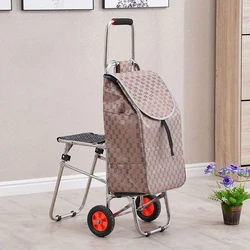 Folding Trolley Portable Grocery Shopping Cart with Seat Rubber Wheel Stainless Steel Luggage Cart Bearing 40kg Waterproof Cloth