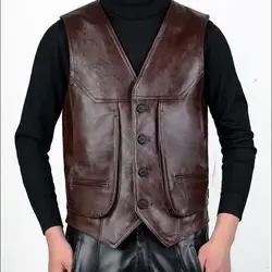 New Arrival Cowhide Genuine Leather Vest Motorcycle Mens Slim Fit Real Brown Cow Leather Waistcoat Bikers Vest Size L-8XL jacket