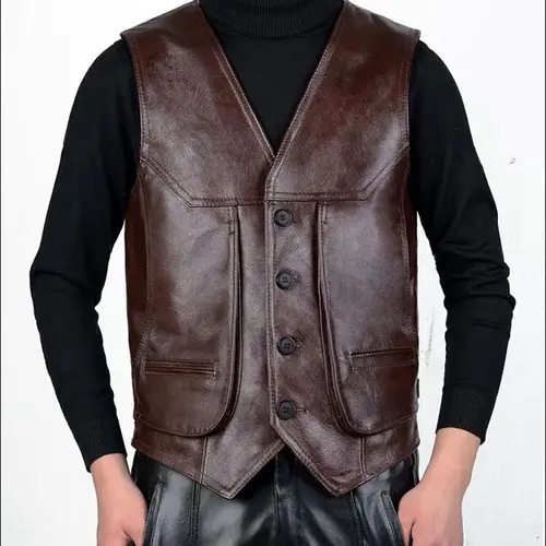 Chaleco de piel de vaca auténtica para hombre, chaqueta ajustada de cuero de vaca marrón auténtico para motociclista, talla L-8XL, novedad