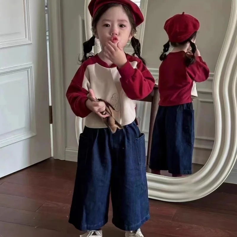 

Kxkm-Girl's Clothing Fashionable Stylish Suit Autumn Children's Raglan Sweater Jeans Casual Two-Piece Suit