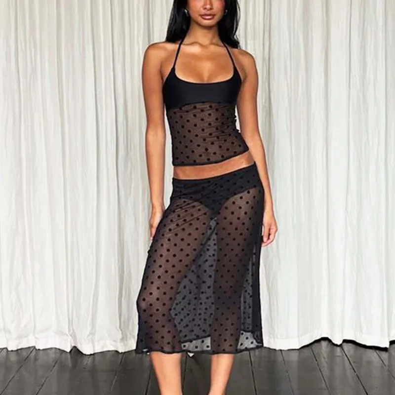 

Ticketsx Sexy See Through Dress Set Fashion Polka Dot Lace Up Patchwork Slim Midi Dress Set Women Vacation Streetwear Dress Sets