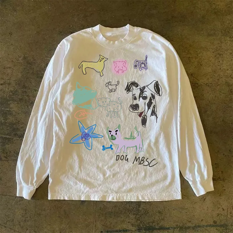 ピュアコットン長袖tシャツユニセックス通気性快適スモールチェンストーリーマルチアメリカンオーバーサイズズーデザインワックスクレヨンパターン