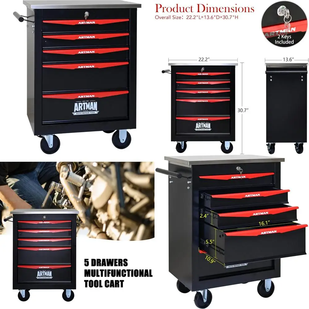 Cassettiera portaoggetti multifunzionale per attrezzi con 5 cassetti, organizer per carrello resistente per garage e officina