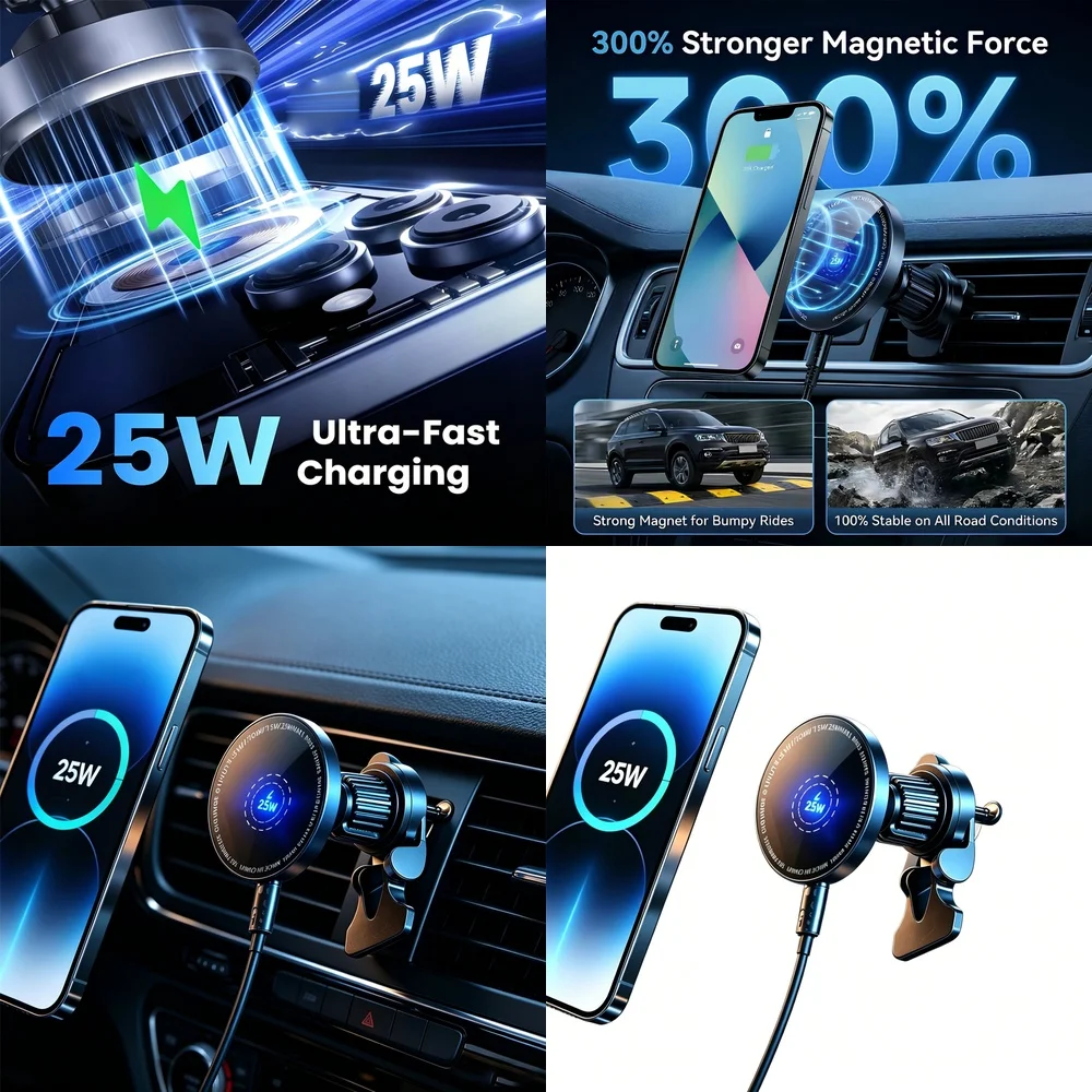 25W Magnetic Wireless Car Charger Super Fast for iPhone 17 16 15 14 13 12 Pro Max Models Air Vent Phone Holder Strong Magnet