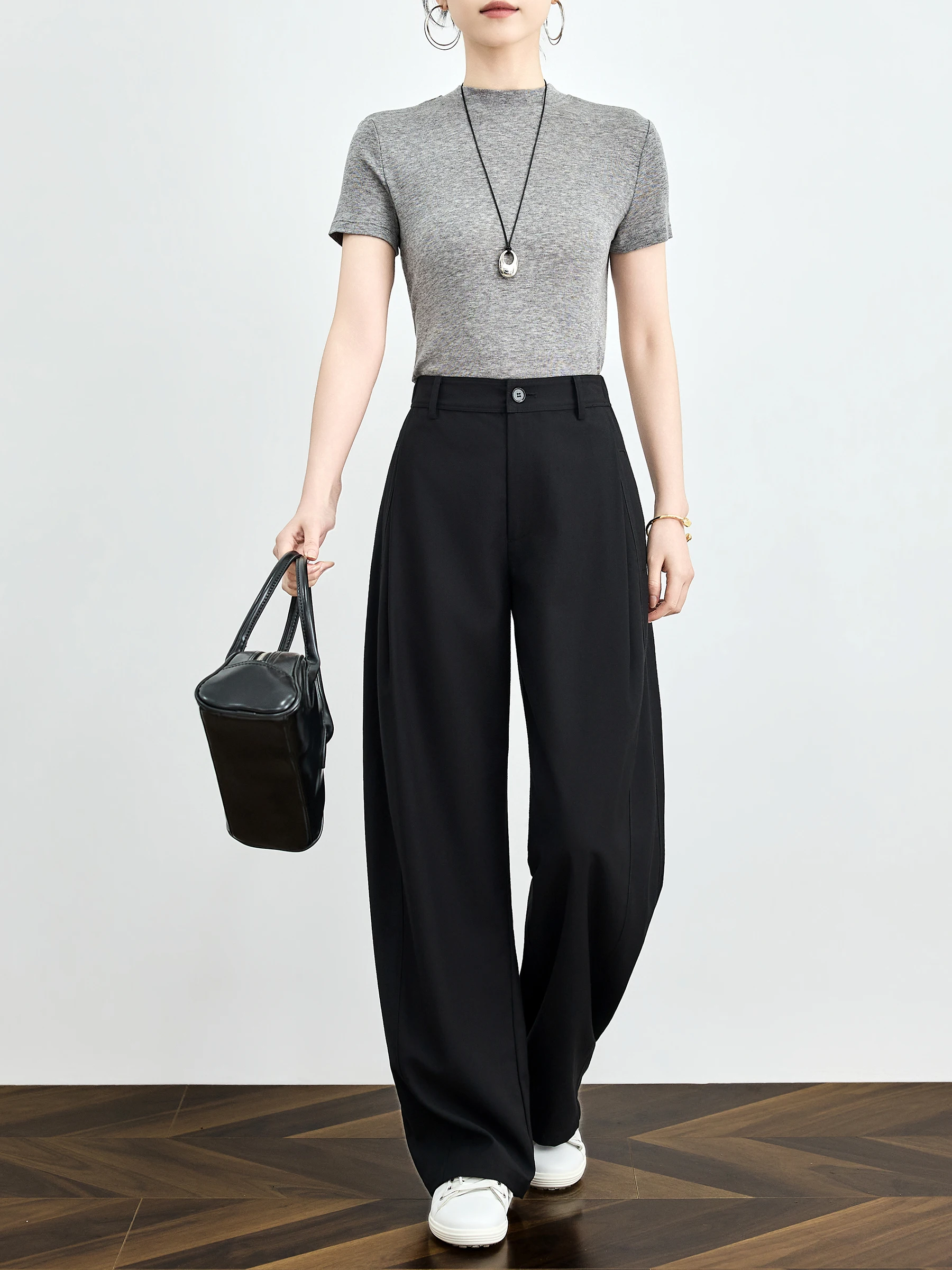 

Elegant Minimalist Black Scythe Pants for Women Commute Suit Pants High Waist Zipper Closure Formal Casual Polyester Fiber