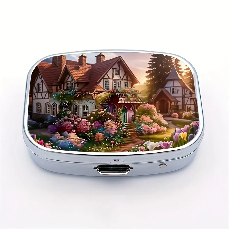 A Square Pill Box with a Garden Castle Design, Featuring Two Compartments for Storing Medication This Portable Metal Case Is Perfect for Placing in a Bag or Purse, Making It an Ideal Choice for Travel and Everyday Use.