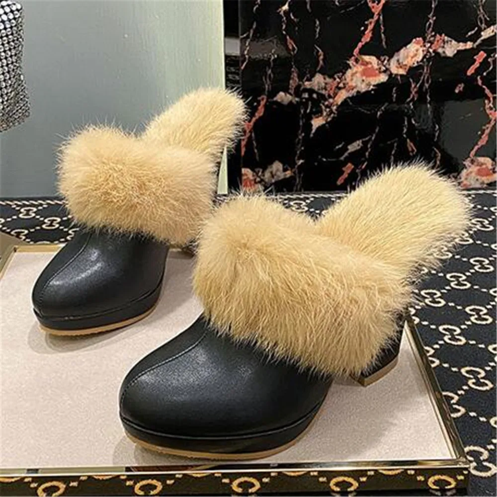 2024 New Lady Mules Closed Toe Fashion 10 CM High Heel Slippers Woman Winter Warm Fur Clogs Casual Sandals Black Shoes Eu 34-40