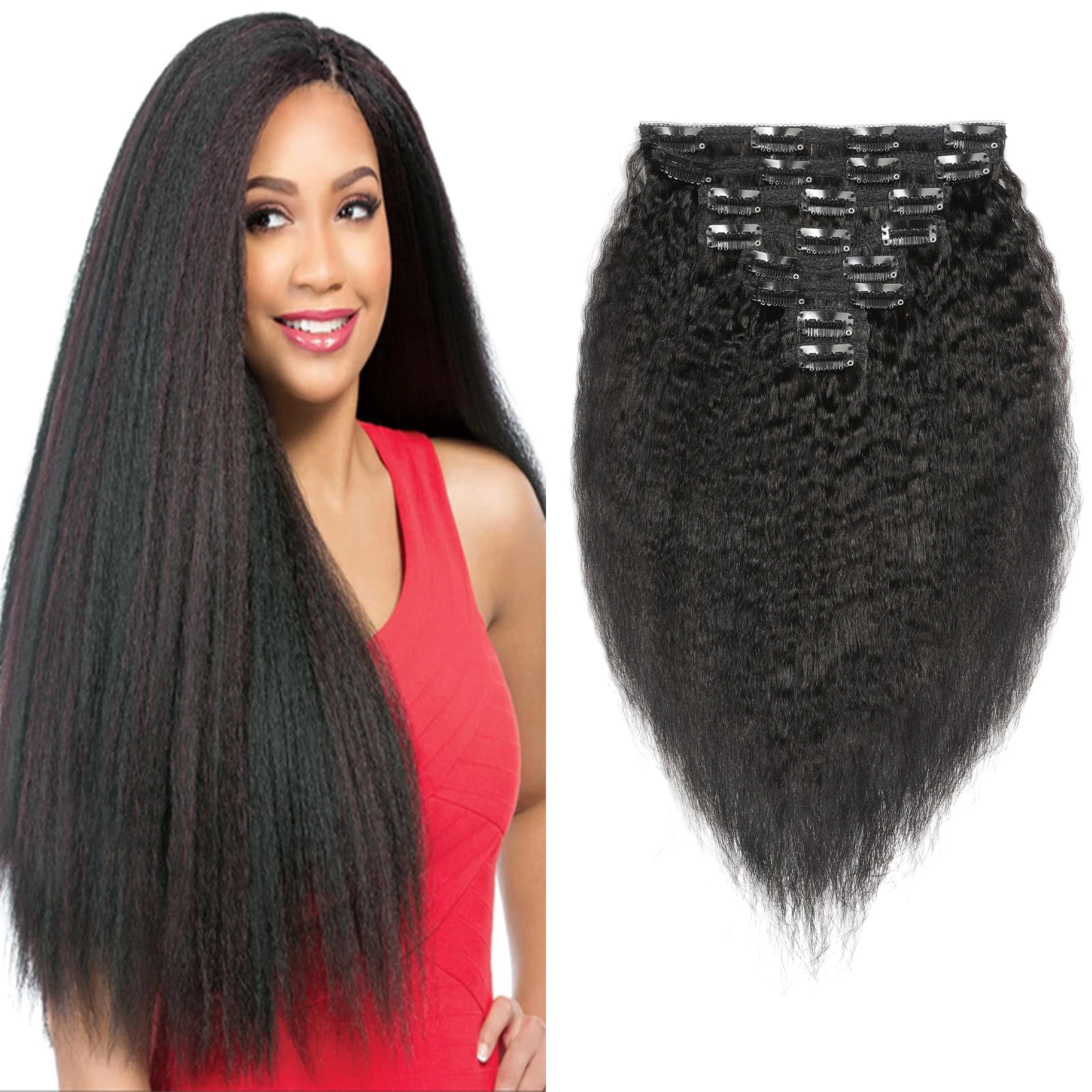 Showcoco Kinky Straight Clip In Human Hair Extensions Full Head 120g/set Natural Color Remy Hair Yaki Straight For Black Women