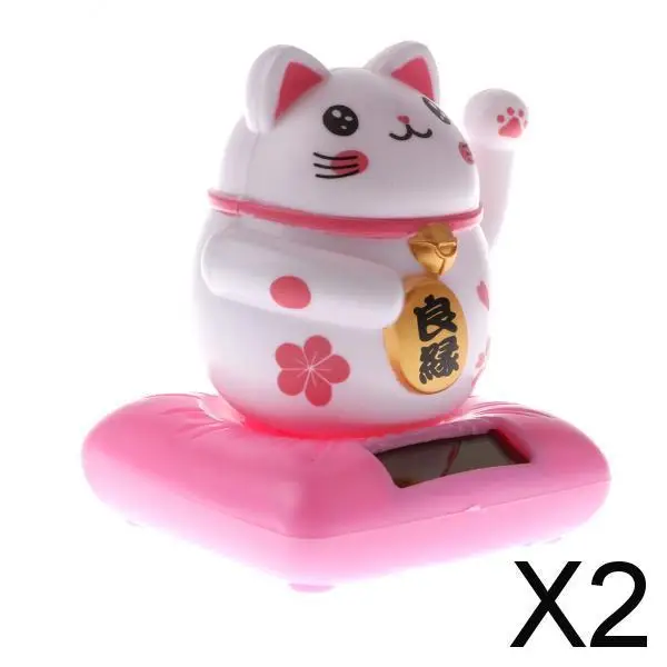 2X Solar Powered Raising Paw Fortune Cat Animal Figure Toy Home Decor Pink