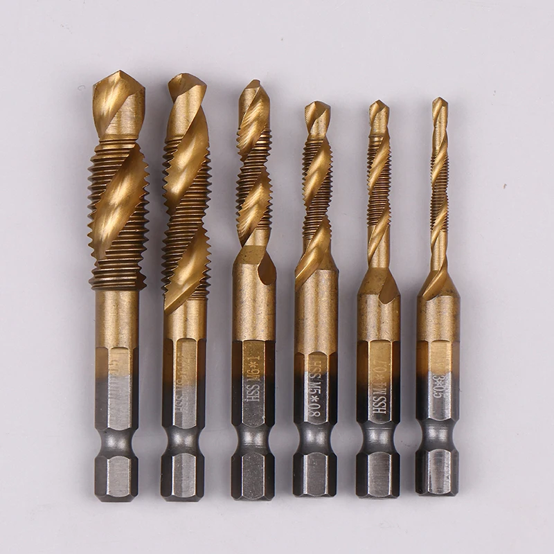 

SU 6Pcs Compound Metric Tap Drill Bits Screw Thread Hex Shank Machine Titanium HSS Tap Bit Tool For Metal Steel Wood Plastic