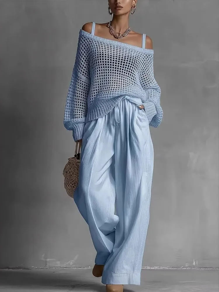 Ensembles décontractés en coton pour femmes : haut tricoté ajouré à manches longues et pantalon large à taille élastique – Tenue d'été et tenue de travail OL
