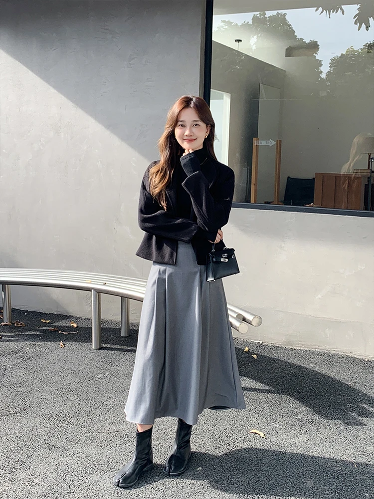 

Retro Bla Woolen Coat Loose Long Sve Suit Two-Piece Set Autumn Winter ey Skirt for Women Luxury Sle Adult Faion