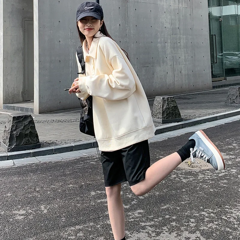 Turn-down Collar Sweatshirts College Youth Casual Long Sleeve Fashion Solid Color Polo Loose Pullover Korean Spring Autumn Tops