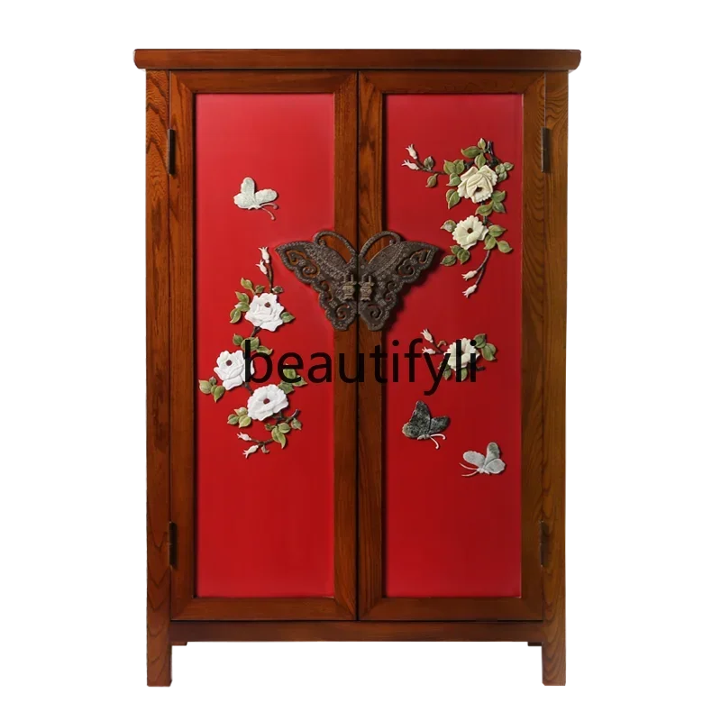 03 New Chinese elm cabinet double door inner double pumping cabinet practical storage