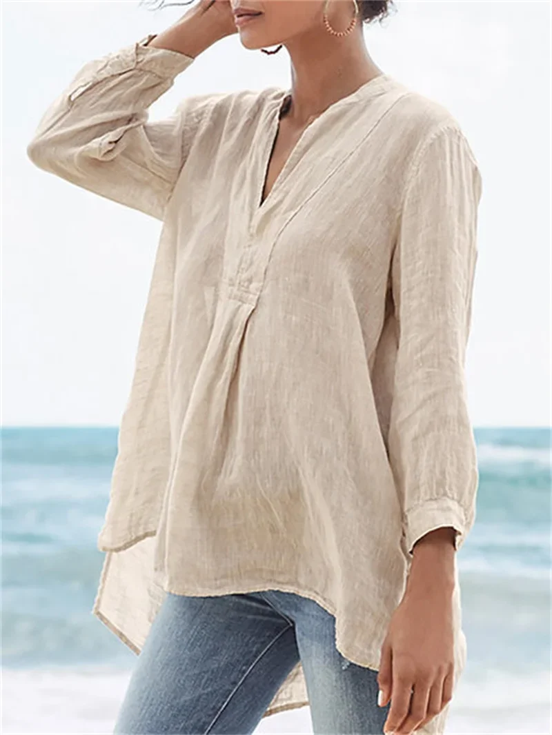 Simple Style Solid Color Loose V Neck Pullover Shirt Women Spring Autumn Comfortable Casual Blouse Female Long Sleeve Tops 2024