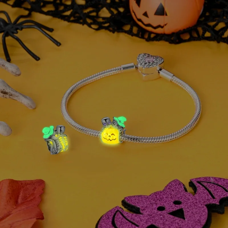 Srebrne zawieszki 925, świecące koraliki z czaszką dyni, zwisają DIY prezent z serii Halloween Charms oryginalna bransoletka dla kobiety biżuteria