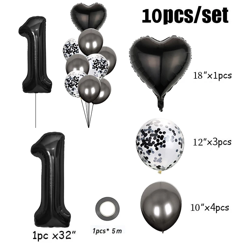 10pcs 32inch Black Number Heart Foil Balloons Happy Birthday Party Decorations Kids Girl Boy 1 2 3 4 5 6 7 8 9 Year Old Supplies