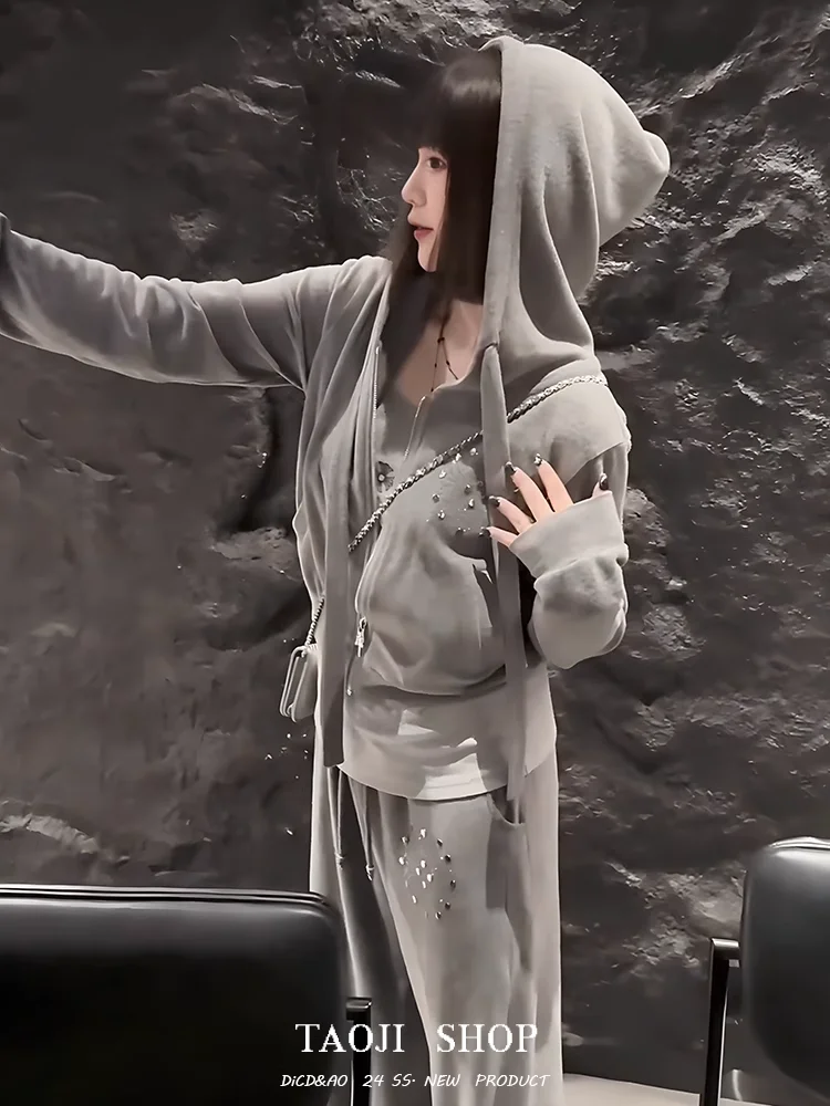 Fashionable Casual Women's Set Autumn Grey Rhinestone Hoodie Jacket Wide Leg Pants Strap Vest Three Piece Set Polyester Long ...
