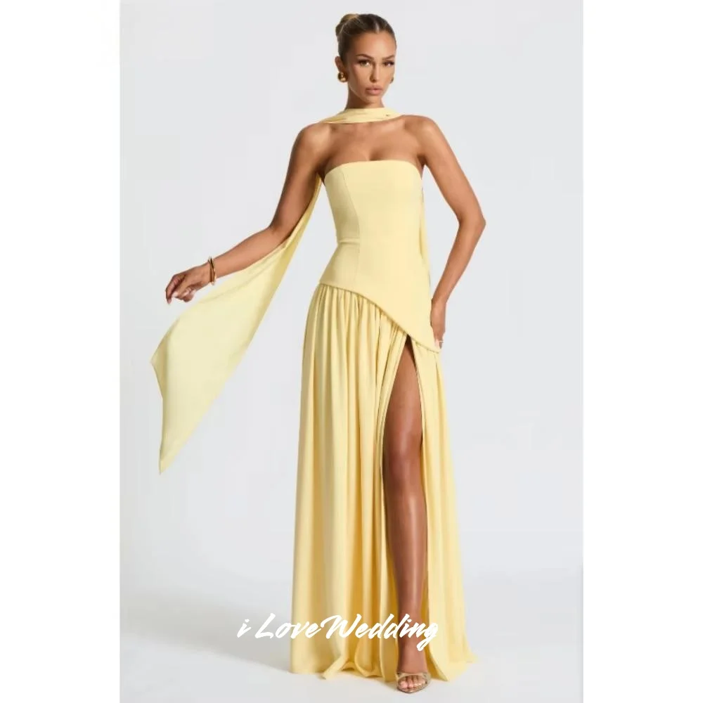 

Yellow Strapless Evening Dresses 2025 Sleeveless A-Line Split Floor-length Pleated Prom Dresses Wedding Party Dresses Customized
