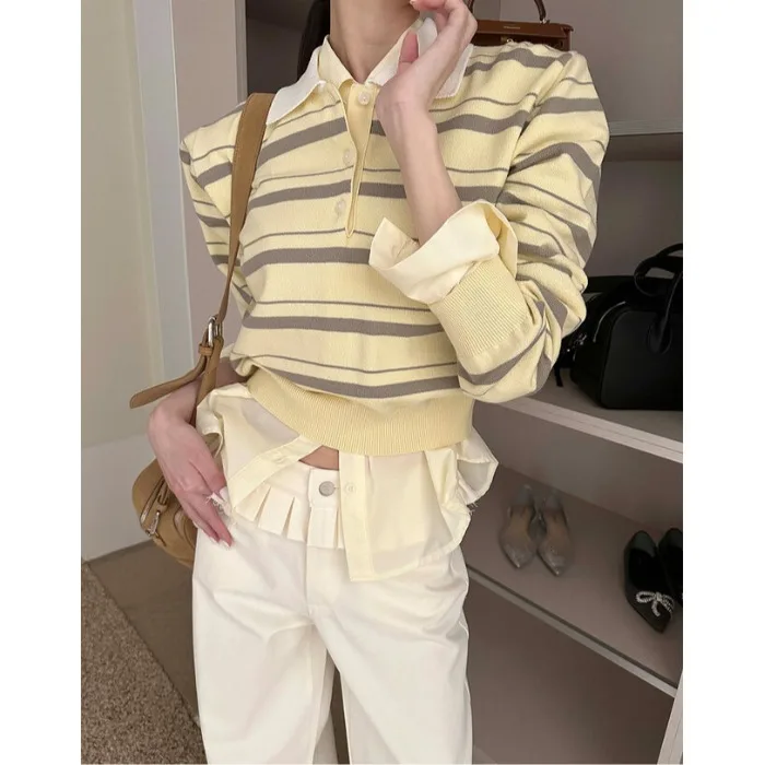 

Retro Striped Knitwear Women's Loose Long Sve Turn-down Collar Faionable Versatile Autumn New Sle Korean Sle Sweater