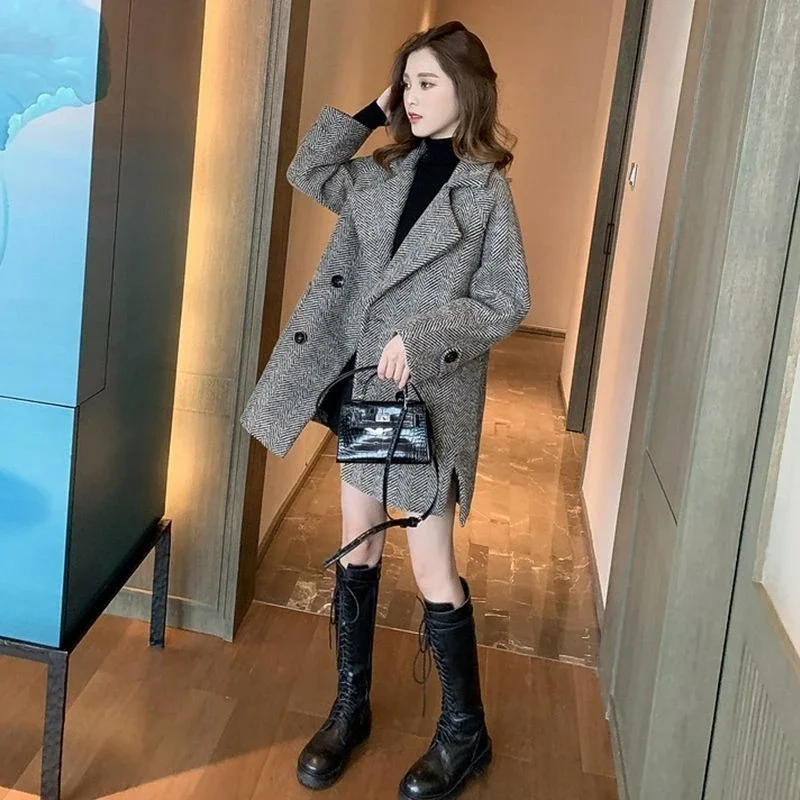 Handmade Sewn Double-sided Woolen Blazer Women Spring Autumn Plaid Wool Overcoat Office Lady Casual Suit Coat Thick Jacket