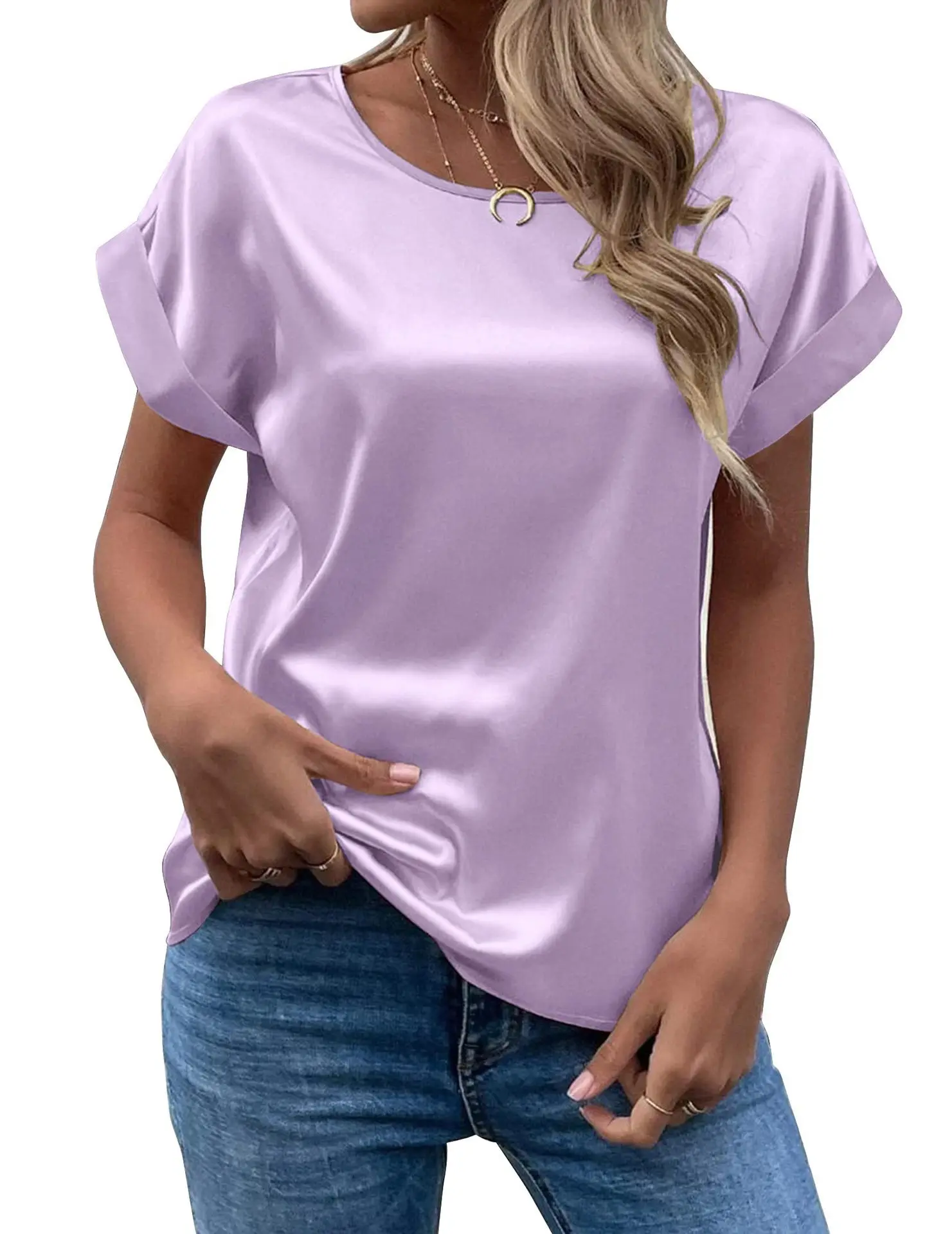 Elegant Women\'s Blouse Solid Tees 2023 Summer Lady Short Sleeve Satin Shirt Loose Casual Round Neck T-shirt Tops S-XXL