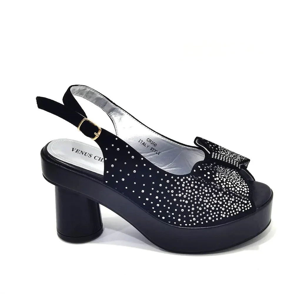 Elegante Schwarze Damen-Sandalen mit Blockabsatz, Plateau, Peeptoe und Strass-Verzierung & Clutch-Tasche Set für Hochzeit, Party und Abendveranstaltungen – Detail 25