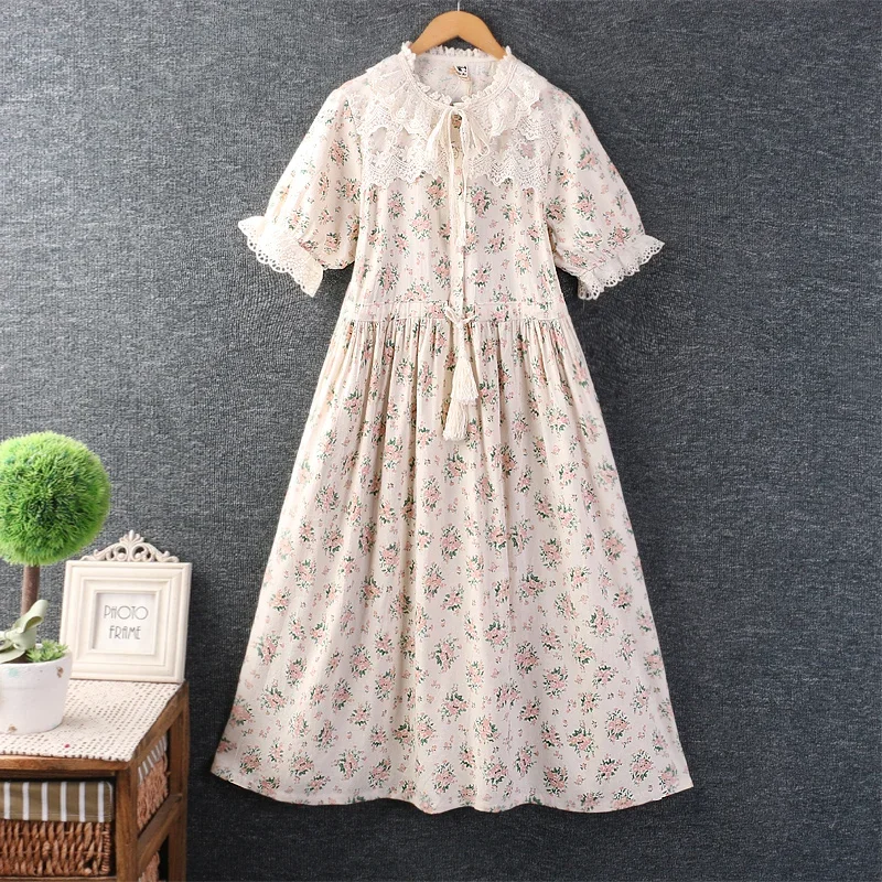 

Japan Style Mori Girl Floral Print Lace Embroidery Patchwork Dress Women Short Sleeve Casual Loose Vintage Cotton Linen Dresses