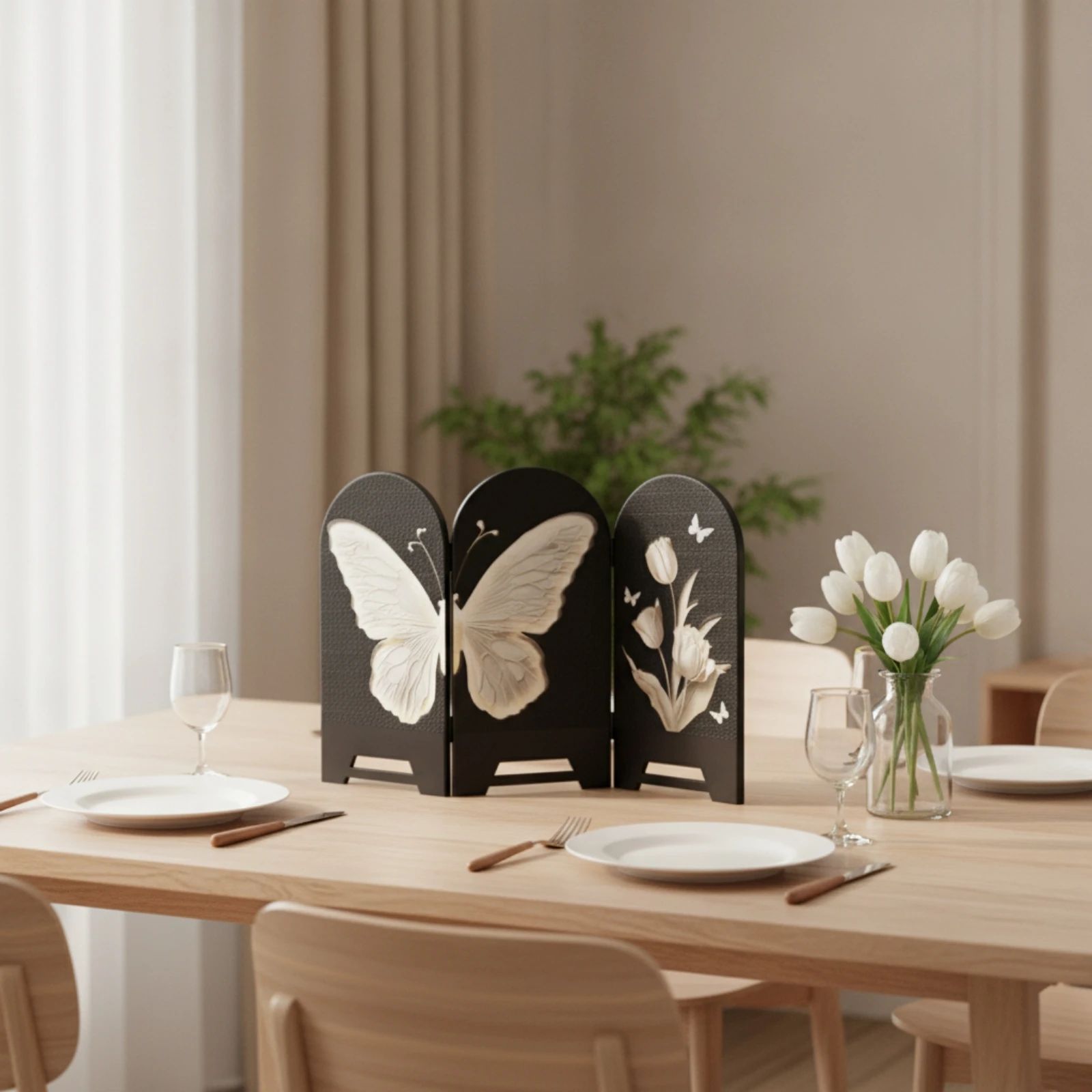 Tabletop Screen with Arched Tops Textured Decorative Screen with Floral Relief Minimalist for Console Table, Entryway