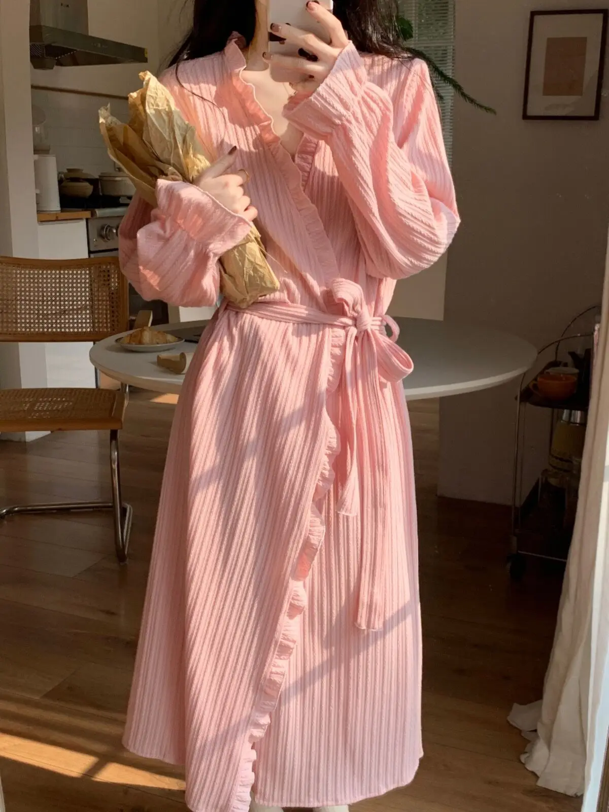 純綿女性用ローブ甘いウエストベルト付き薄手ホーム服春夏モーニングコートロングスタイル四季通用