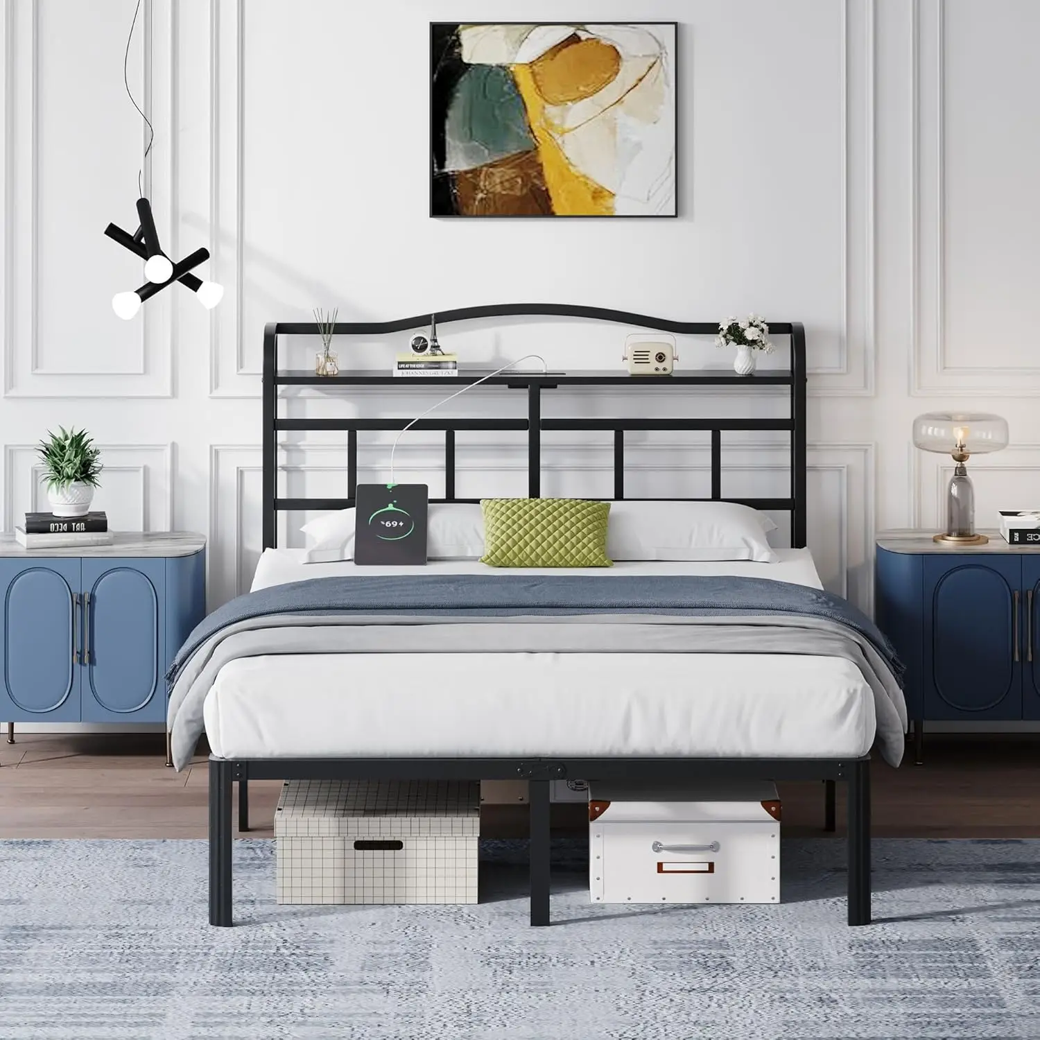 

14 Inch Metal Bed Frame - Queen Size Black Heavy Duty Bedframe Platform Basic Mattress Foundation with Headboard & Charging Stat