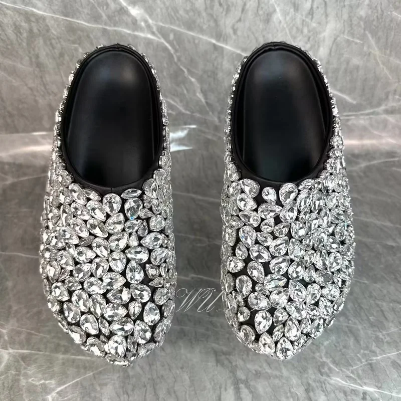 Zilveren Grote Diamant Ronde Neus Platte Slipper Vrouwen Bling Cover Muiltjes Zwart Lederen Zool Mode Kristal Glitter Mode Casual Schoen