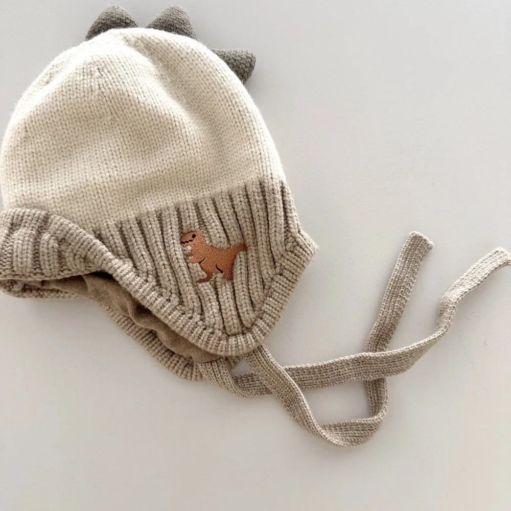 Warme Leuke Dinosaurus Gehoorbescherming Hoed 2-6Year Dikker Kinderen Hoeden Liner Fluwelen Baby Gebreide Trui Cap Winter