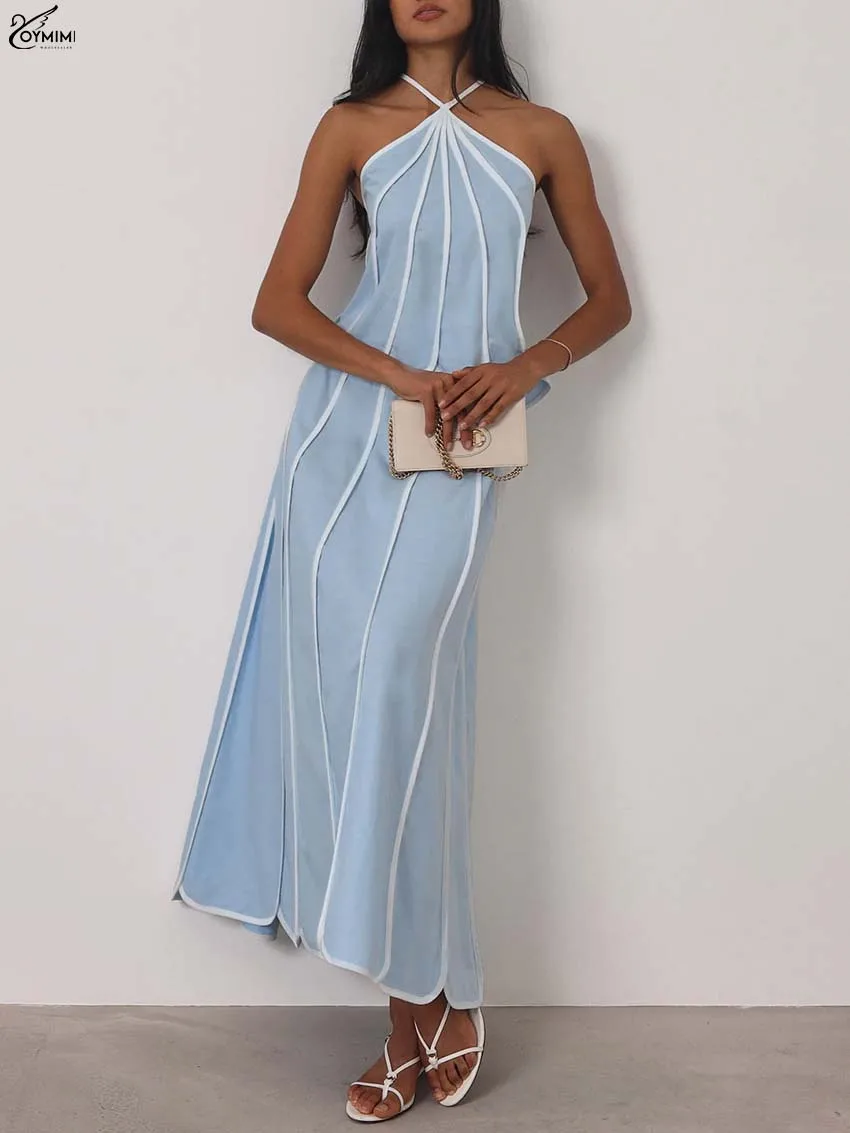 

Oymimi Casual Blue White Woman 2 Piece Set Outfit Elegant Halter Neck Patchwork Slim Tops And Pleated Ankle-Length Skirts Sets