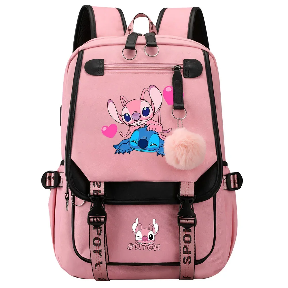 

MINISO New Stitch Prints Boys Girls Kids School Book Bags Women USB Bagpack Teenagers Canvas Laptop Student Backpack