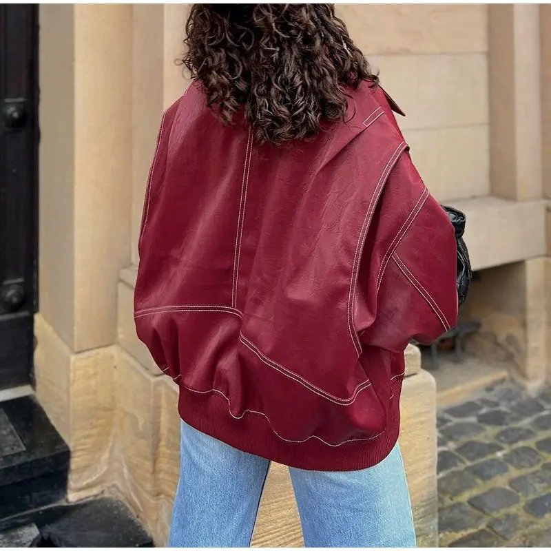 Collar zipper long sleeved jacket fashionable women's loose street jacket for autumn and winter