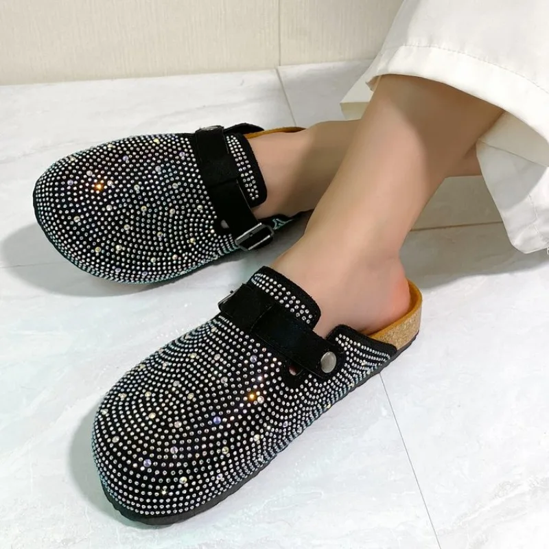 Shiny Rhinestones Outdoor Slippers Women\'s Shoes 2024 Summer Trend Luxury Platform Sandals Black Buckle Cork Clog Luxury Mules