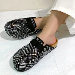 Shiny Rhinestones Outdoor Slippers Women's Shoes 2024 Summer Trend Luxury Platform Sandals Black Buckle Cork Clog Luxury Mules