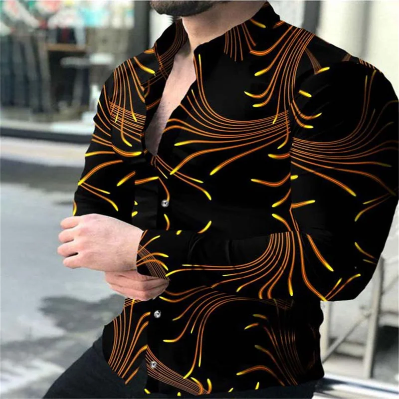 New wave new fashion men\'s shirt button shirt casual gold line 3D printing long-sleeved shirt men\'s cardigan S-6XL high quality