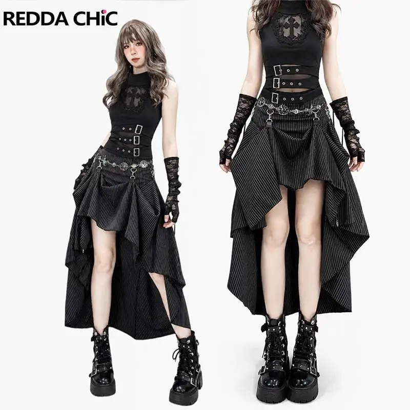 REDDACHiC Gothic Cross Tank Top Bustle Skirt Women Set Punk Lace Hollow Mock Neck Top Hi-Lo Skirt Party Music Festival Outfits