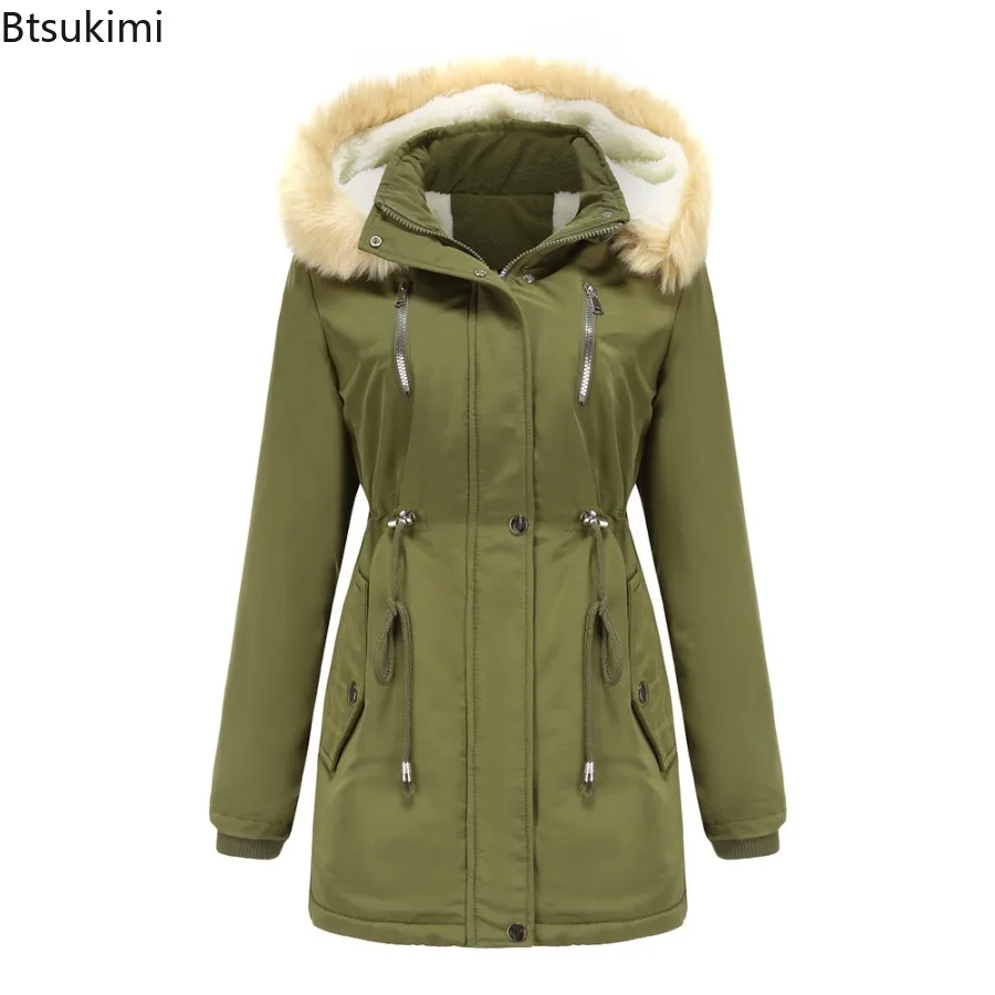 2025 Women Parkas Lamb Wool Hoodies Coats Thick Warm Tight Waist Loose Autumn Winter Casual Jackets Winter Mid Length Parka Coat
