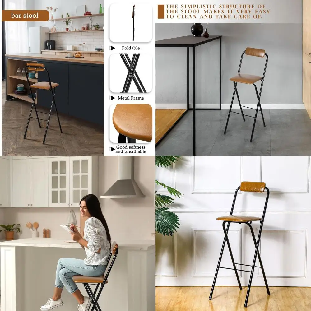 

27.5 Tall Brown Leather Folding Stool with Cushion, Portable Counter Height Barstool for Kitchen, Cafe, Adults