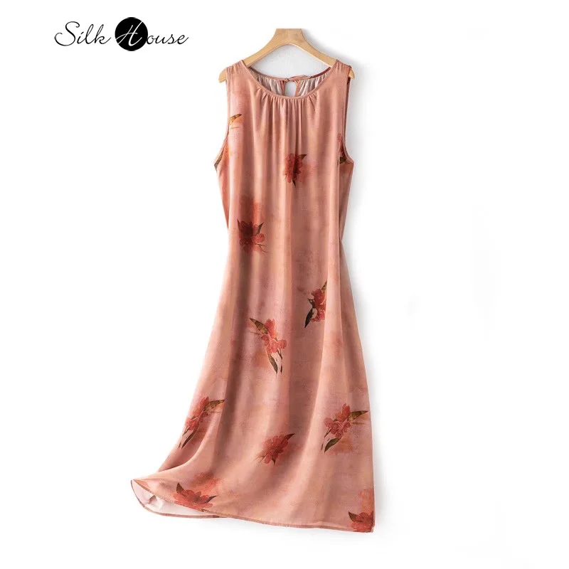 

2024 Women's Summer New 100% Natural Mulberry Silk Crepe De Chine Fashion Commuter Loose Edition Holiday Style Casual Dress