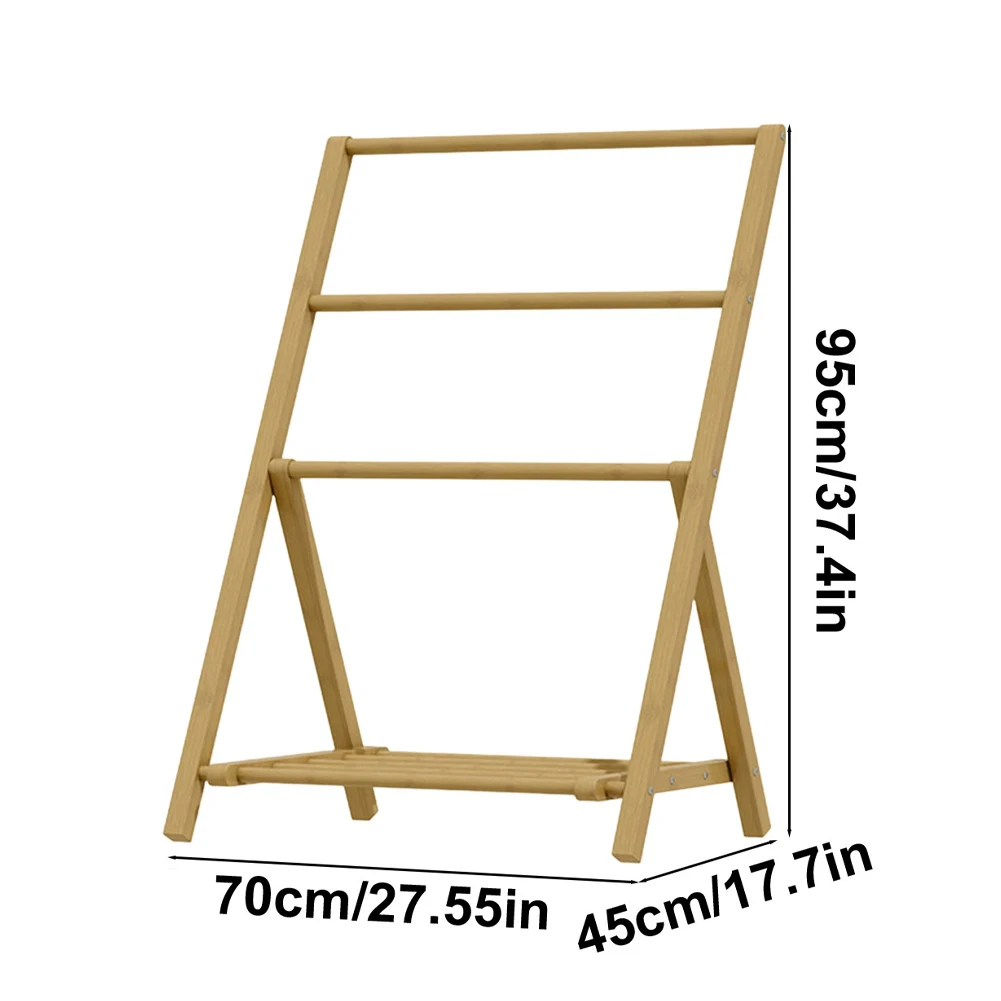 

Bamboo Floor Towel Rack with Storage Shelf Freestanding Wood Hangers Waterproof Foldable Storage Shelf for Home Laundry Shower