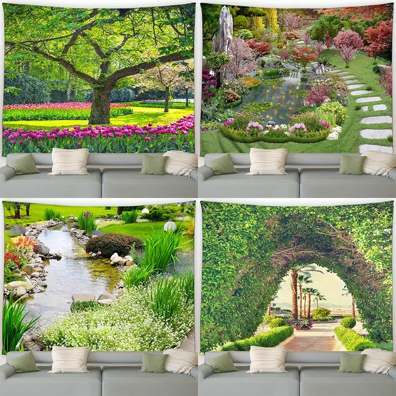 Landscape Tapestry Natural Flower Plant Waterfall Scenery Modern Garden Wall Hanging Fabric Home Living Room