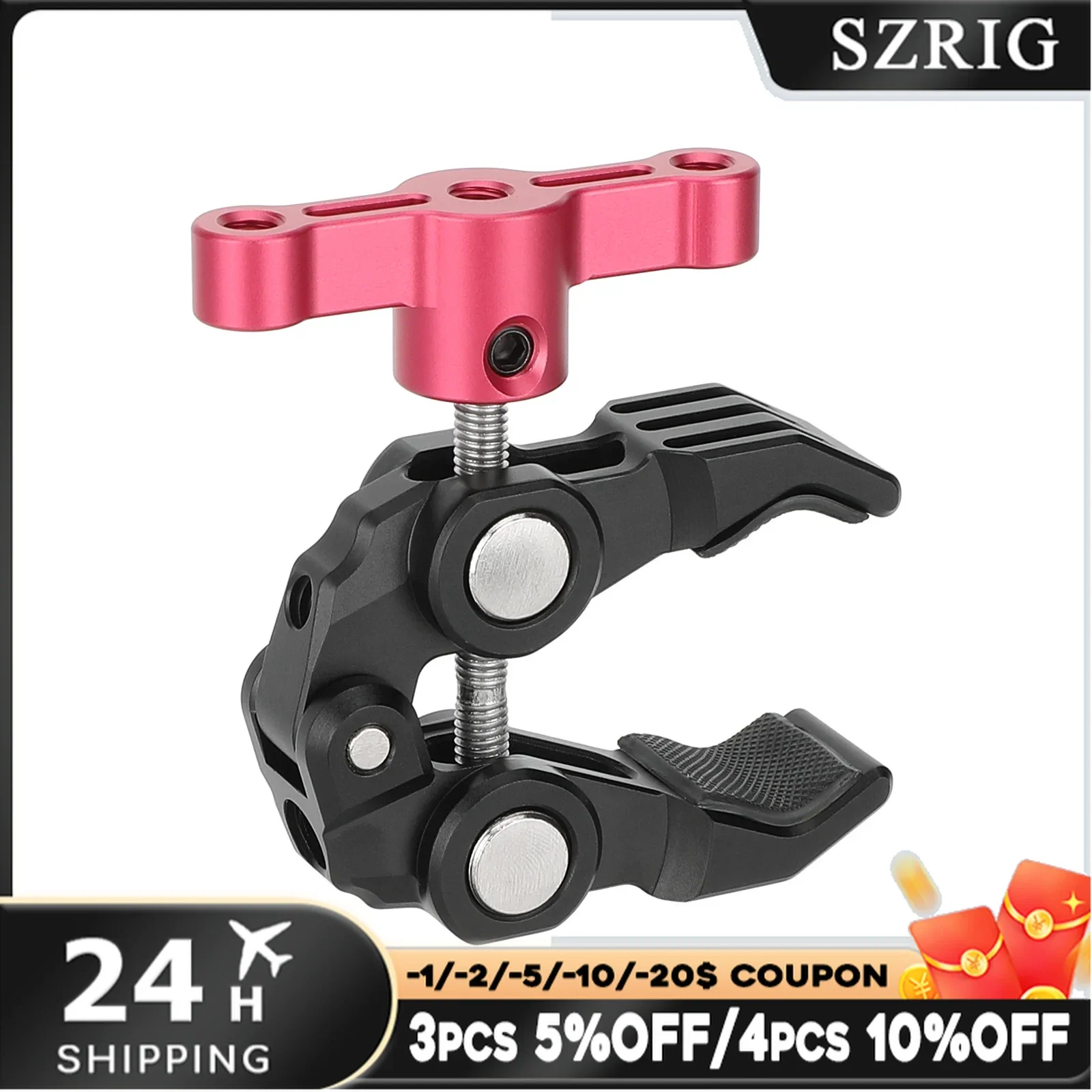 SZRIG Super Crab Gripper Clamp With Red T-Tightening Thumb Lever C-clamp For DSLR Monitor Light Rod Tripod Leg Pipe Accessories