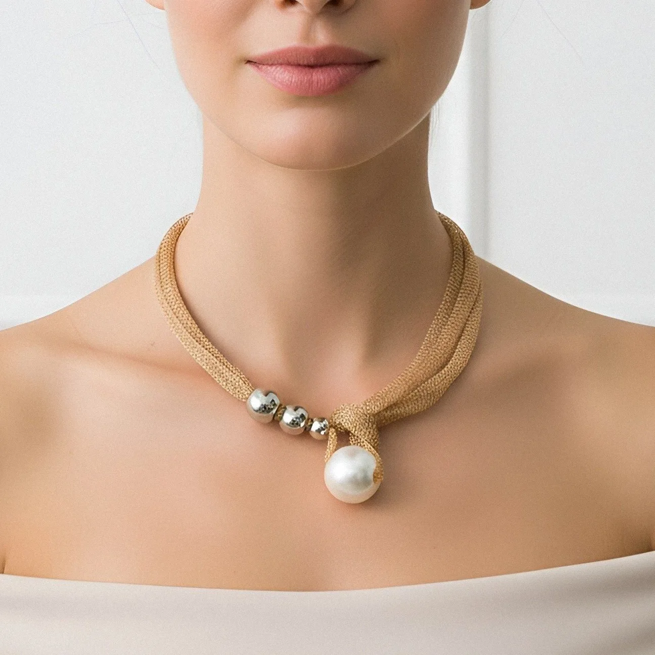 ZA exaggerated imitation pearl pendant mesh multi-layer ball necklace hand-woven collarbone chain necklace source